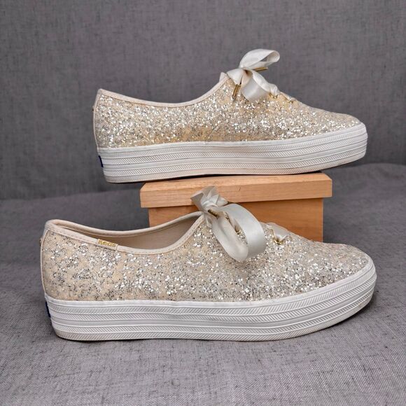 Kate Spade Keds‎ Triple KS Glitter Sneakers Cream Canvas Lace Up Platform 8.5 - Picture 2 of 11